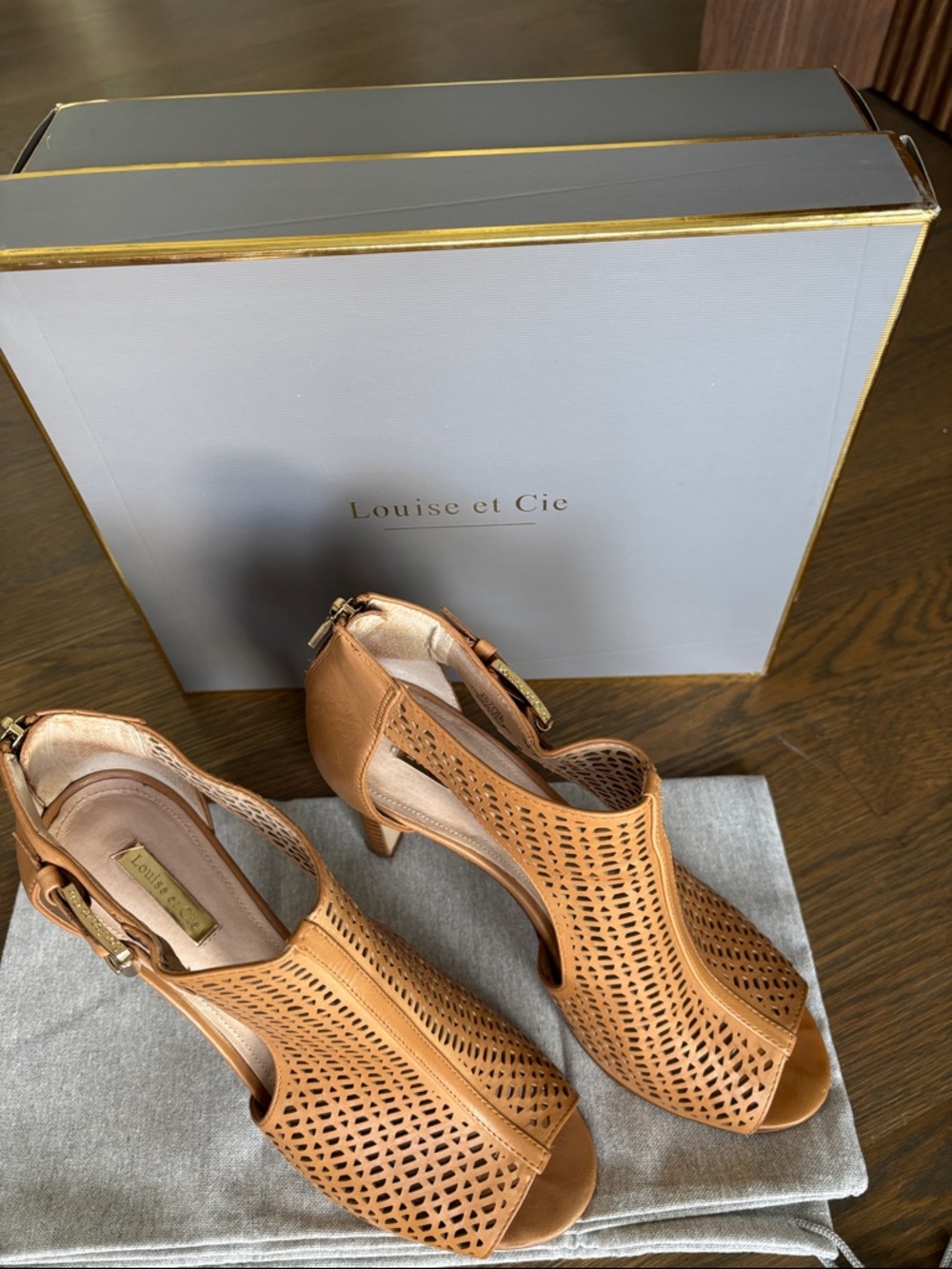 Louise et Cie Cognac Perforated Leather Peep-Toe Heels